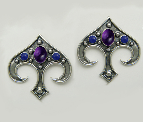 Sterling Silver Gothic Inspired Drop Dangle Earrings With Amethyst And Lapis Lazuli